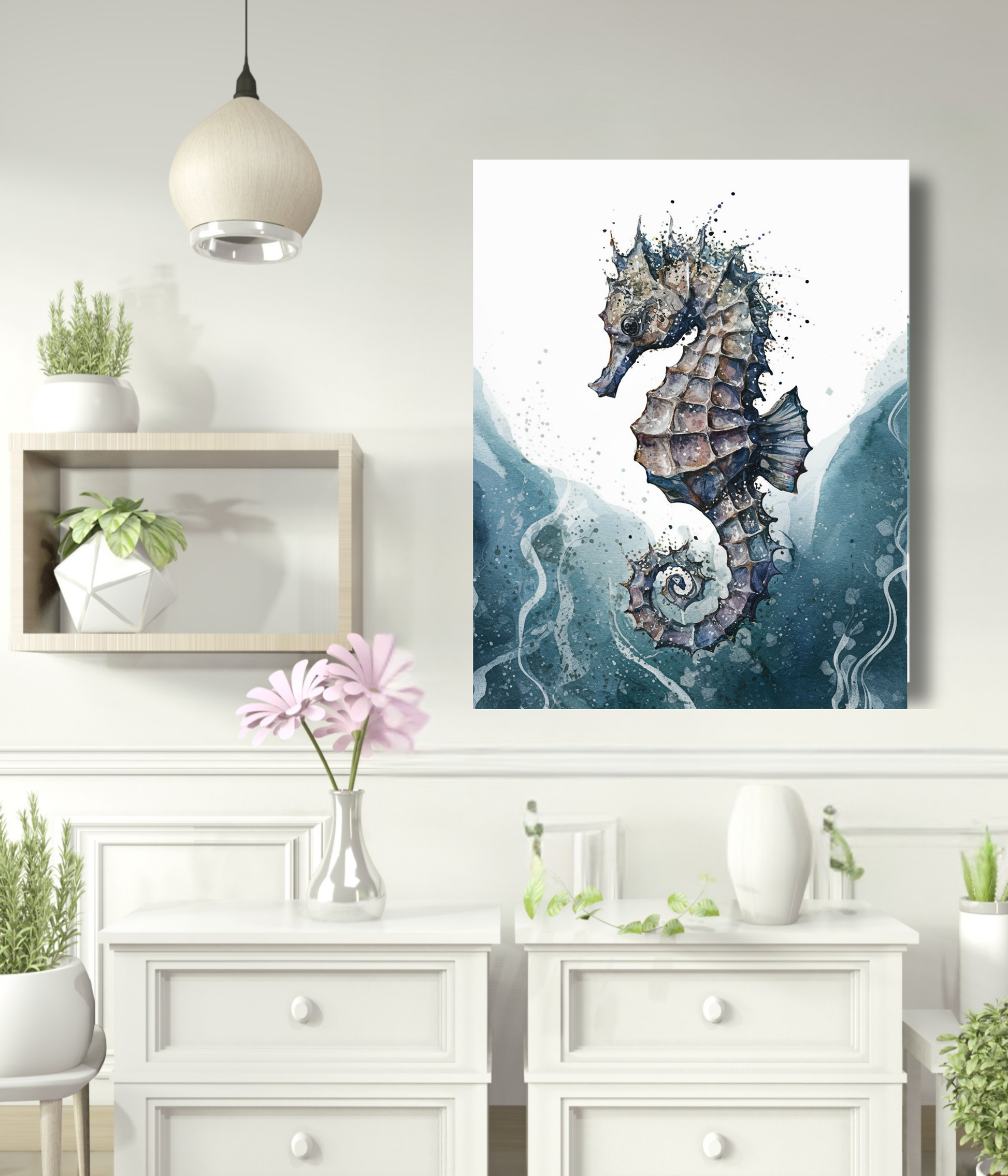 A vertical canvas wall art print featuring a detailed seahorse illustration in blue, gray, and brown tones, displayed on a white wall in a styled room setting with a white dresser, plants, and a hanging lamp.