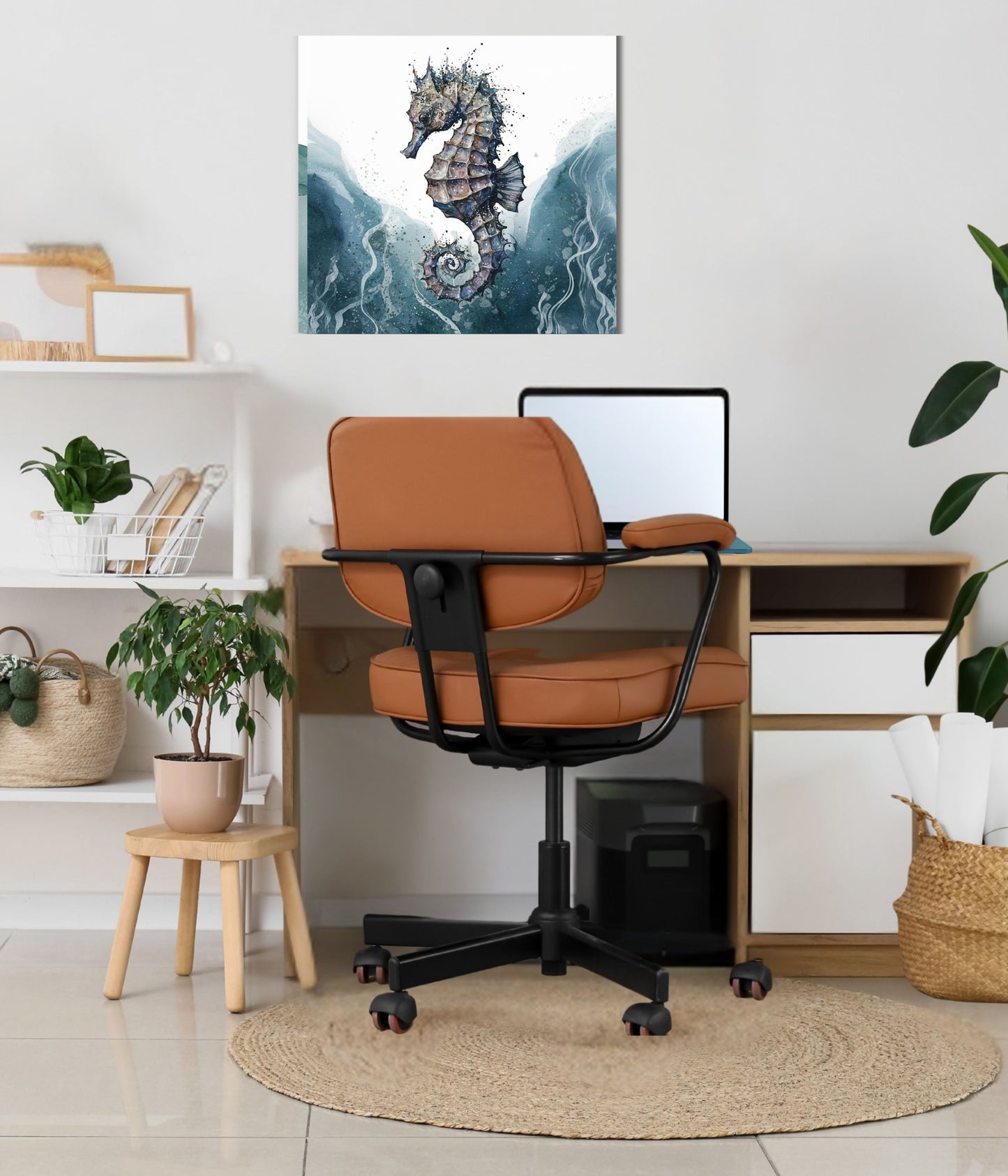 A modern home office setup featuring a brown leather office chair with a black frame, positioned in front of a light wood desk. The scene is styled with potted plants, a small wooden stool, and an unframed seahorse wall art print on a white wall.