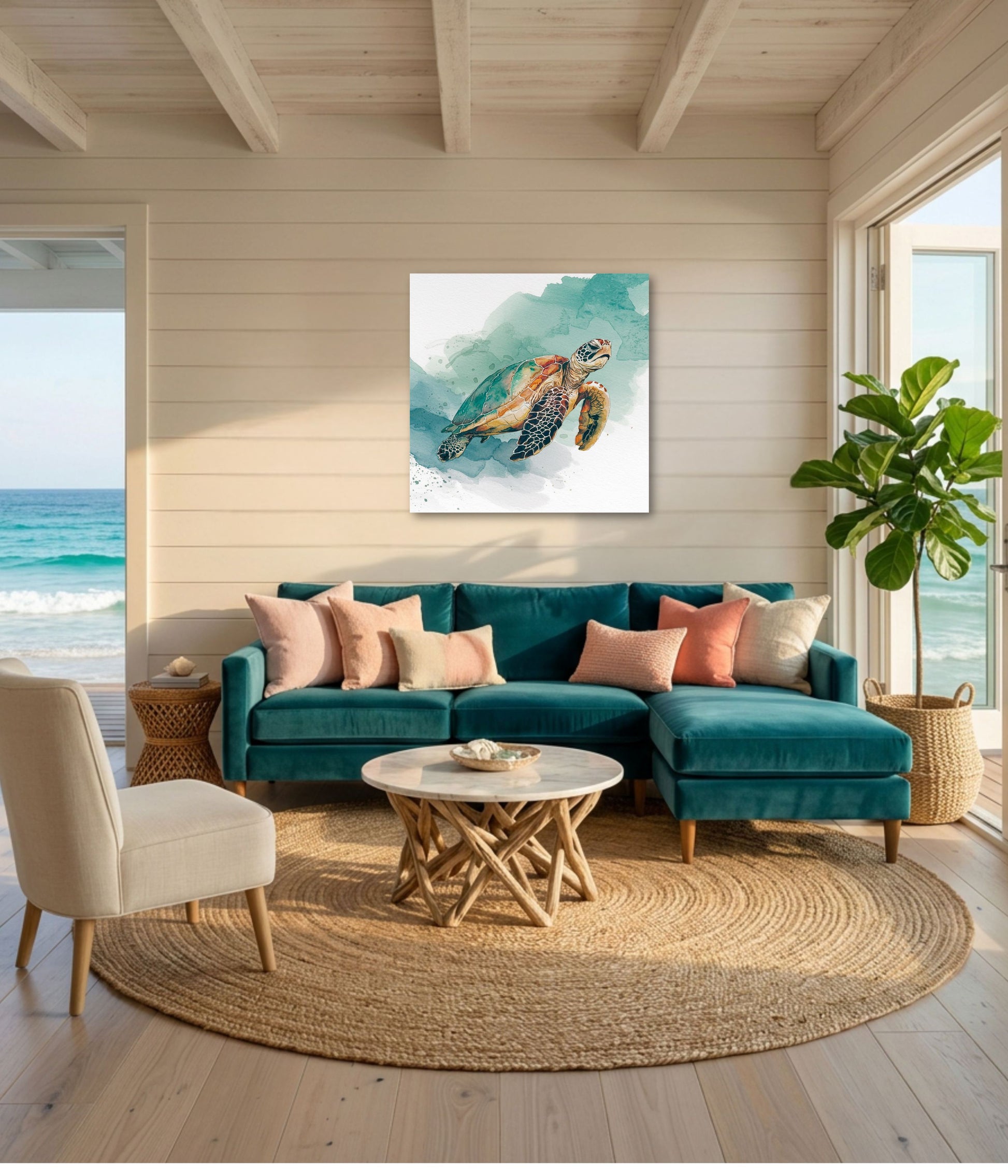 A coastal living room scene with a teal sectional sofa, pink and cream pillows, a round woven coffee table, a cream chair, and a large unframed sea turtle painting centered on the wall above the sofa.