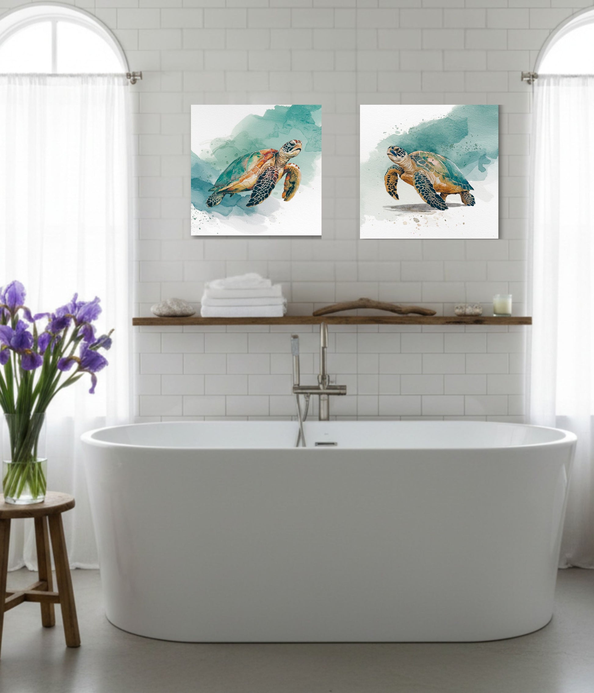 A modern bathroom scene with a freestanding white bathtub, white subway tile wall, wooden floating shelf, and two unframed watercolor turtle prints hanging above the tub. A small stool with purple flowers sits on the left.