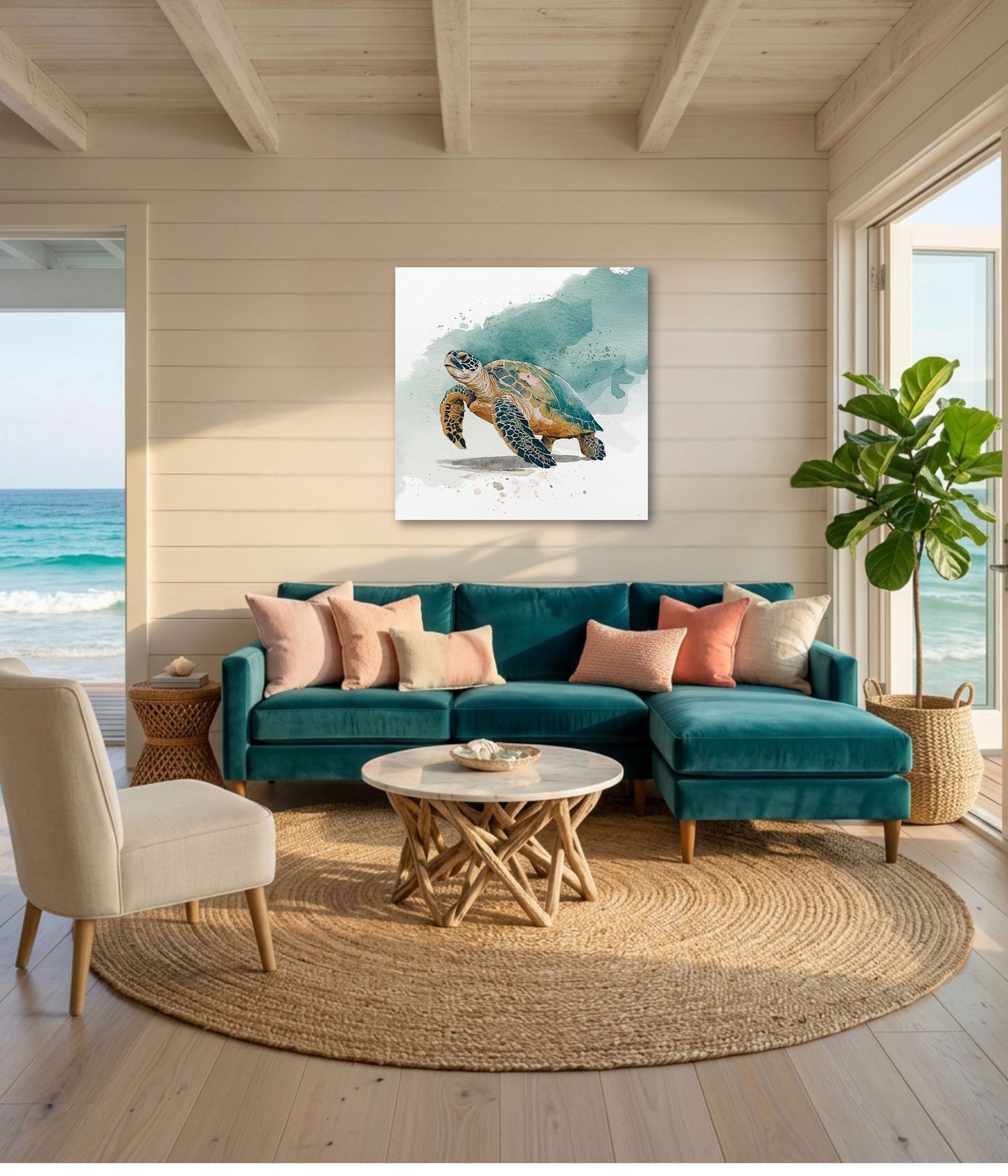 An unframed art print of a sea turtle on a wave, displayed on a beige wood-paneled wall in a modern beach-themed living room with a teal sectional sofa, ocean view, and a large potted plant.