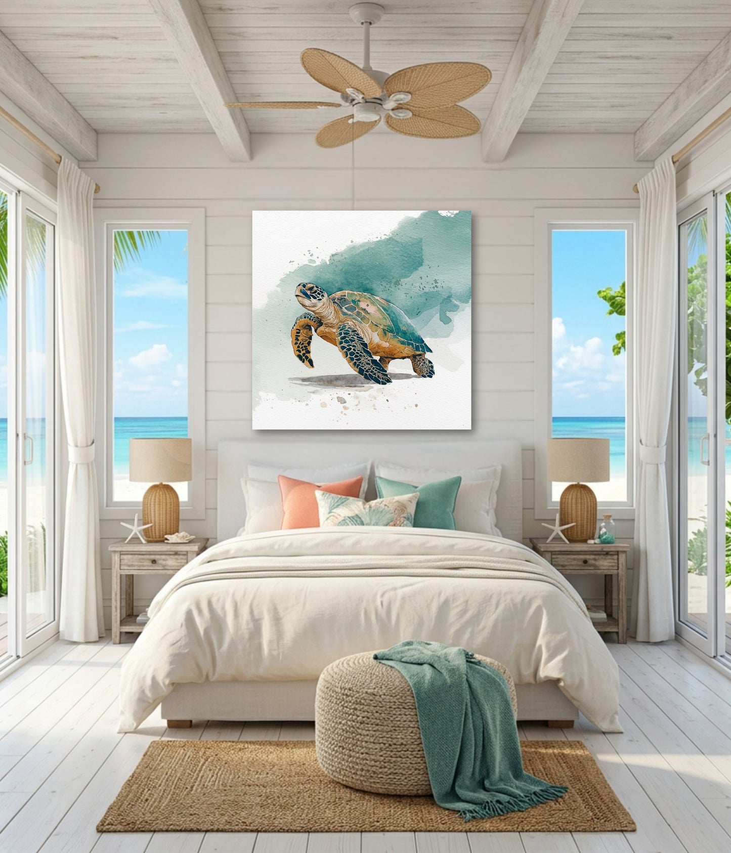 A large square canvas wall art print featuring a sea turtle painting in teal, blue, and orange tones, displayed in a bright, modern beach-style bedroom above a bed with white bedding and coastal decor.