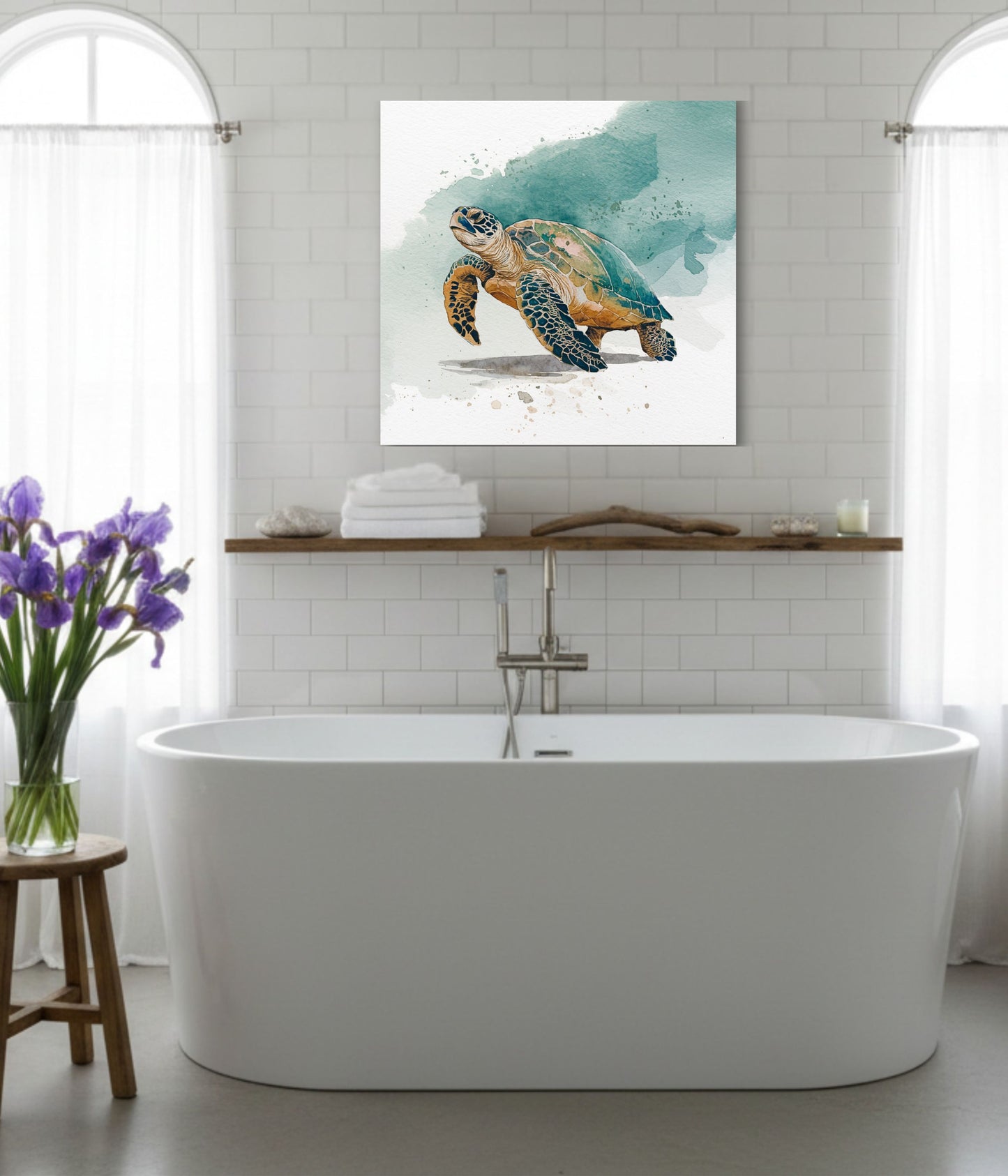 An unframed watercolor painting of a sea turtle hanging on a white tiled wall above a freestanding bathtub in a bright bathroom. The artwork features a sea turtle with a green and orange shell on a white background with soft teal watercolor washes.

