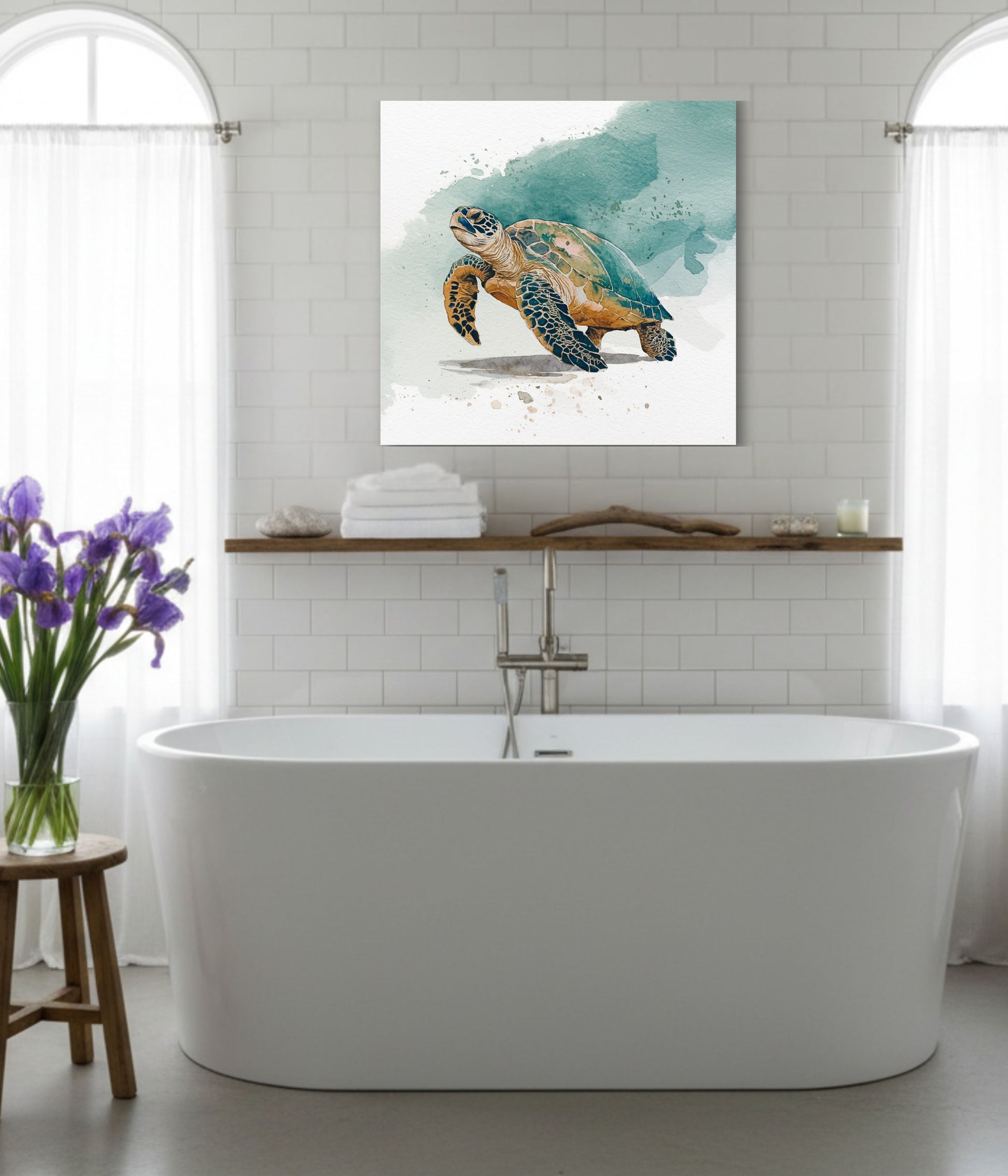 An unframed watercolor painting of a sea turtle hanging on a white tiled wall above a freestanding bathtub in a bright bathroom. The artwork features a sea turtle with a green and orange shell on a white background with soft teal watercolor washes.

