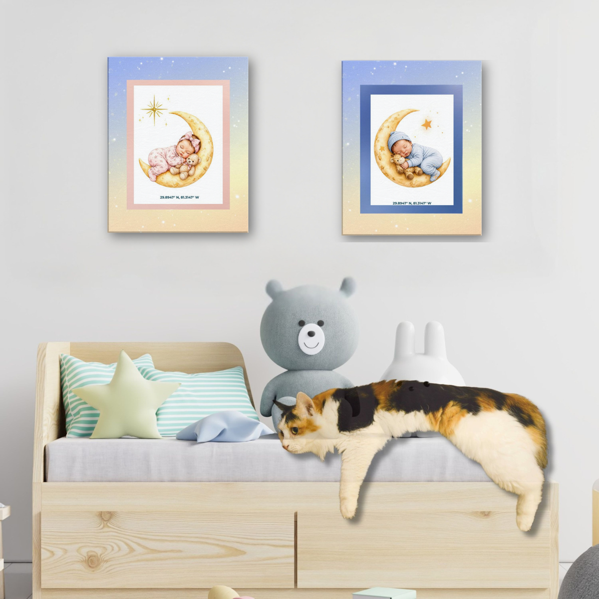 Sleeping Baby on Moon Canvas Art – Pastel Galaxy Nursery Decor