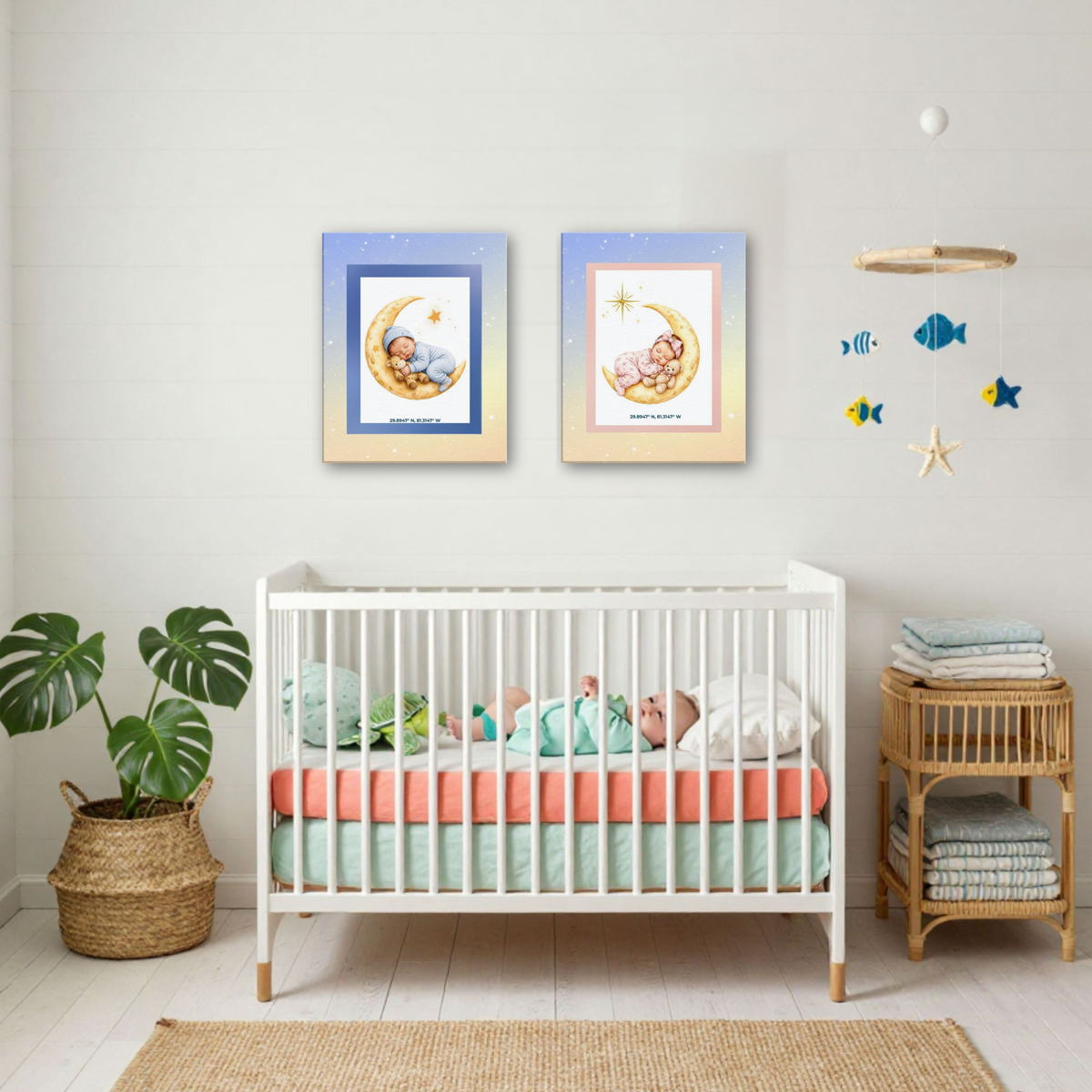 Sleeping Baby on Moon Canvas Art – Pastel Galaxy Nursery Decor