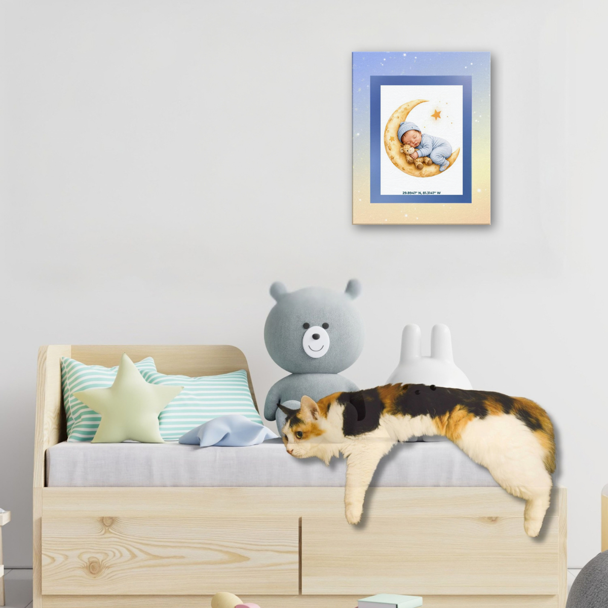 Sleeping Baby on Moon Canvas Art – Pastel Galaxy Nursery Decor