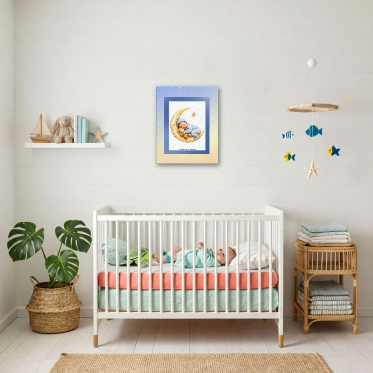 Sleeping Baby on Moon Canvas Art – Pastel Galaxy Nursery Decor