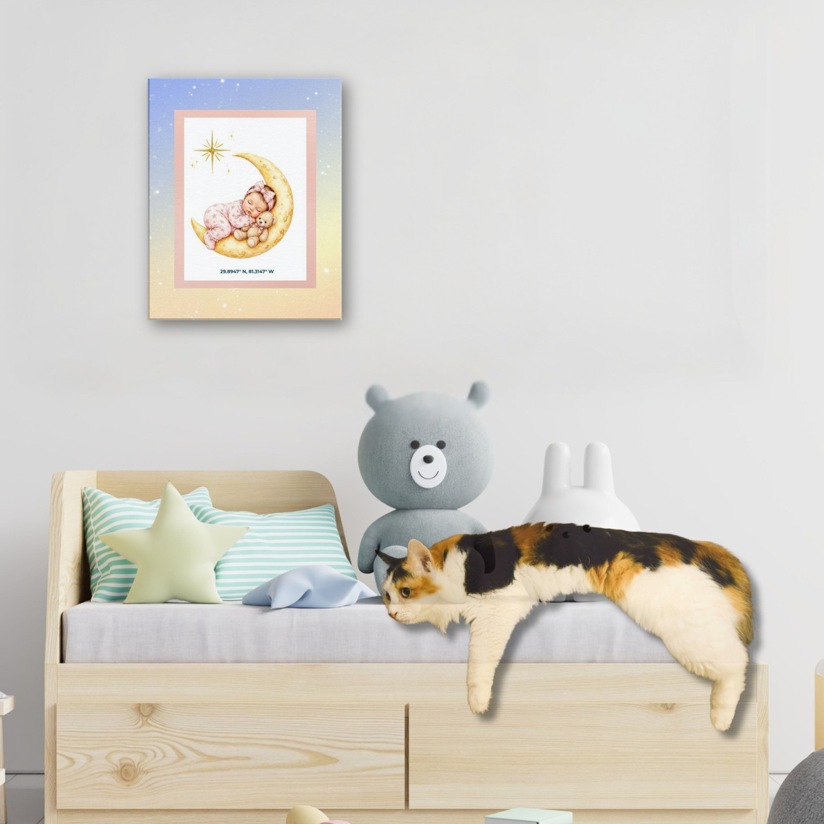 Sleeping Baby on Moon Canvas Art – Pastel Galaxy Nursery Decor