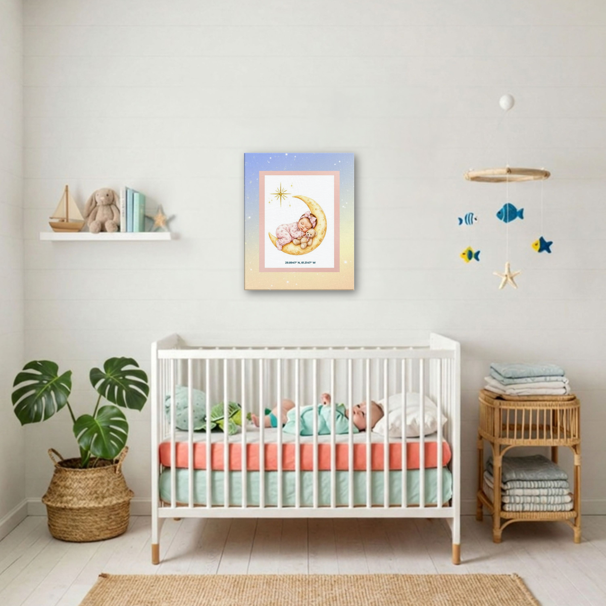 Sleeping Baby on Moon Canvas Art – Pastel Galaxy Nursery Decor
