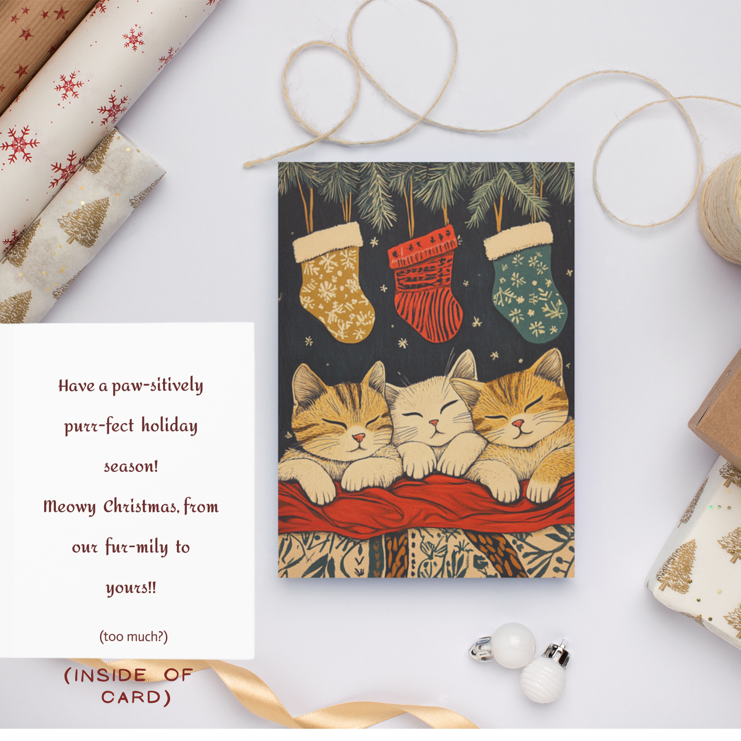 Meowy Christmas – Funny Cat Christmas Card with Cozy Charm  Ocean Petal Studio
