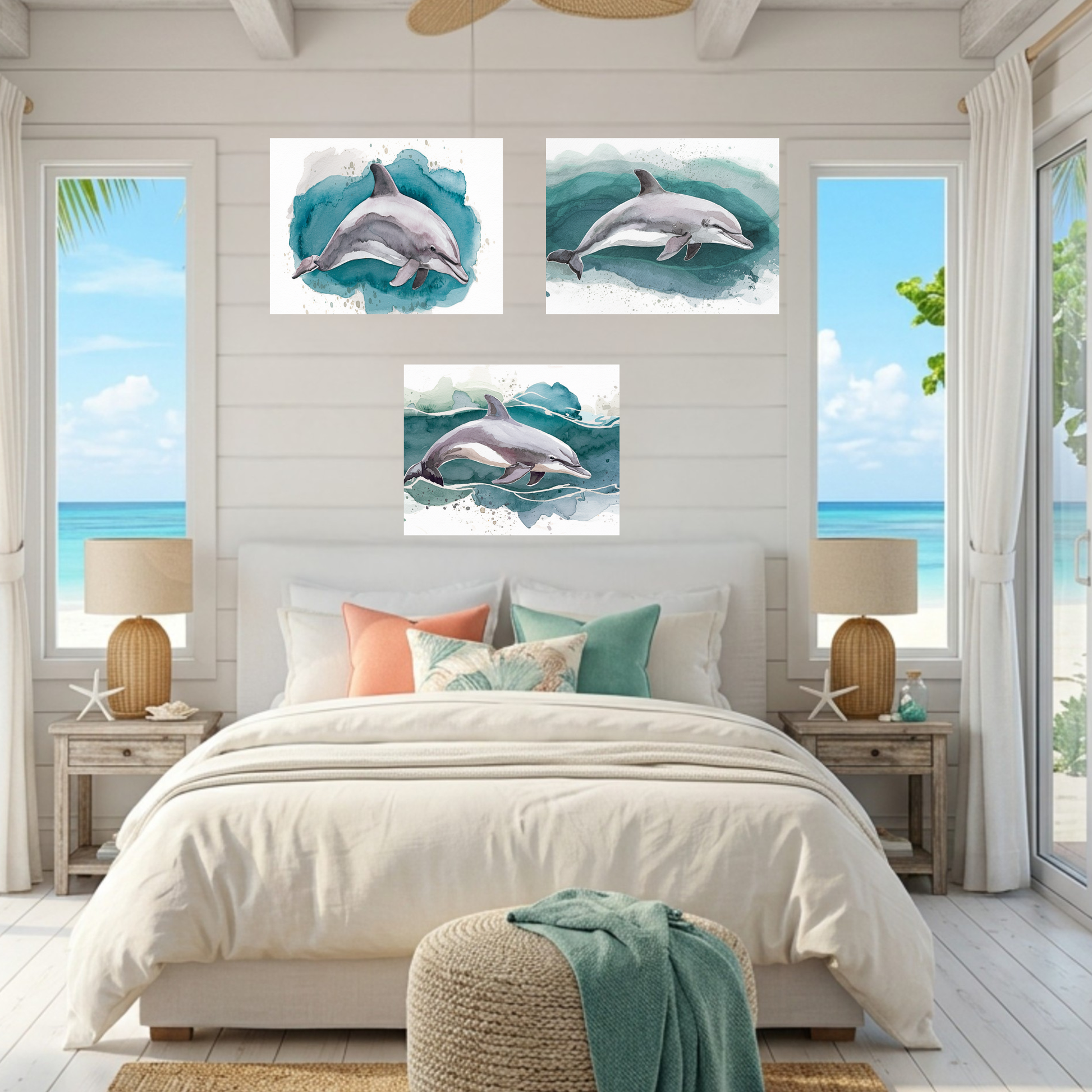 A styled bedroom interior with a bed, nightstands, lamps, and ocean-view windows, featuring three unframed dolphin wall art prints above the headboard. Because a real room environment is present, this is classified as Lifestyle rather than Product/Packaging, even though the likely product being sold is the wall art.