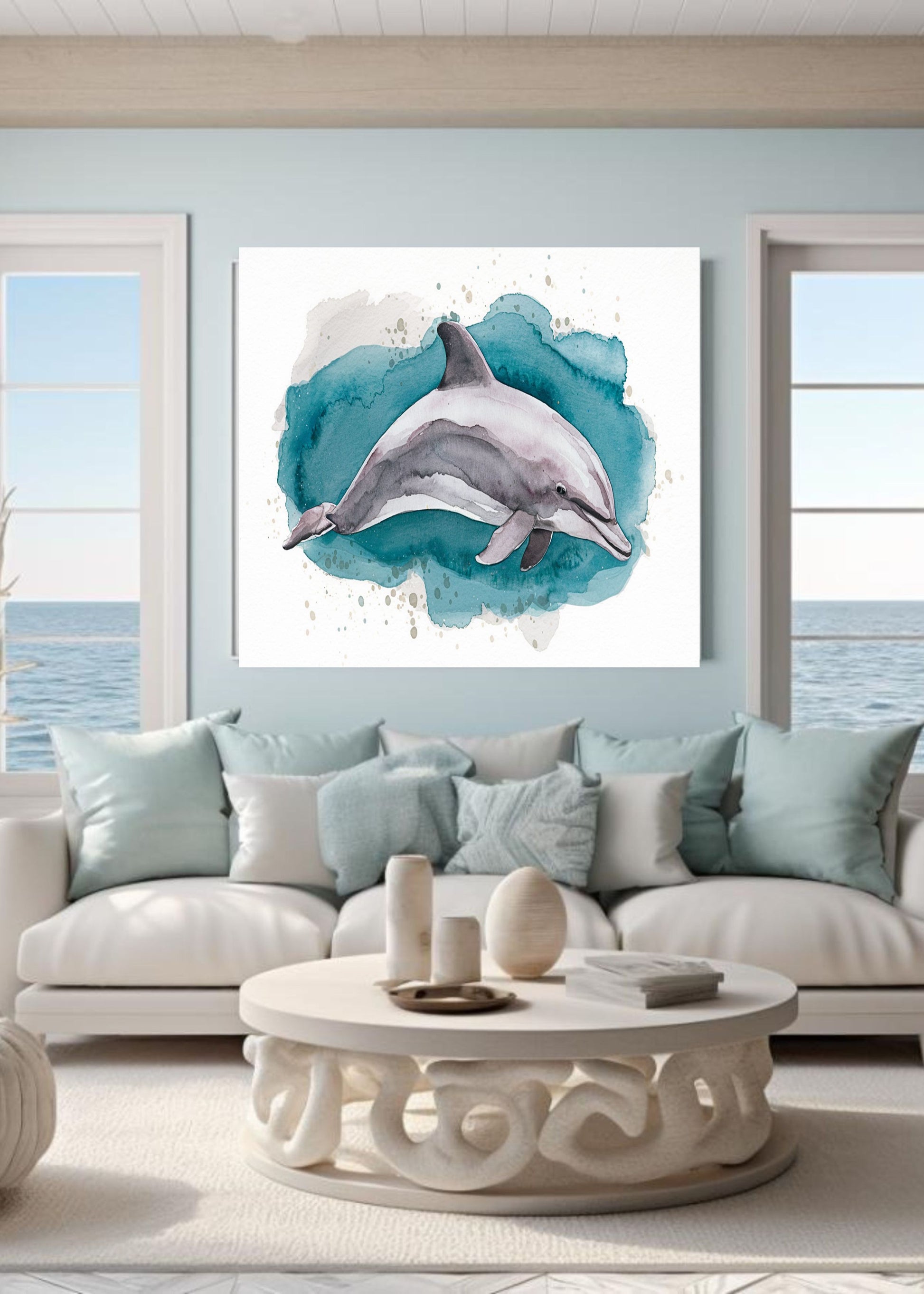 An unframed wall art print featuring a watercolor dolphin on a white background with a teal splash, displayed above a white sofa in a bright, modern living room with ocean views.