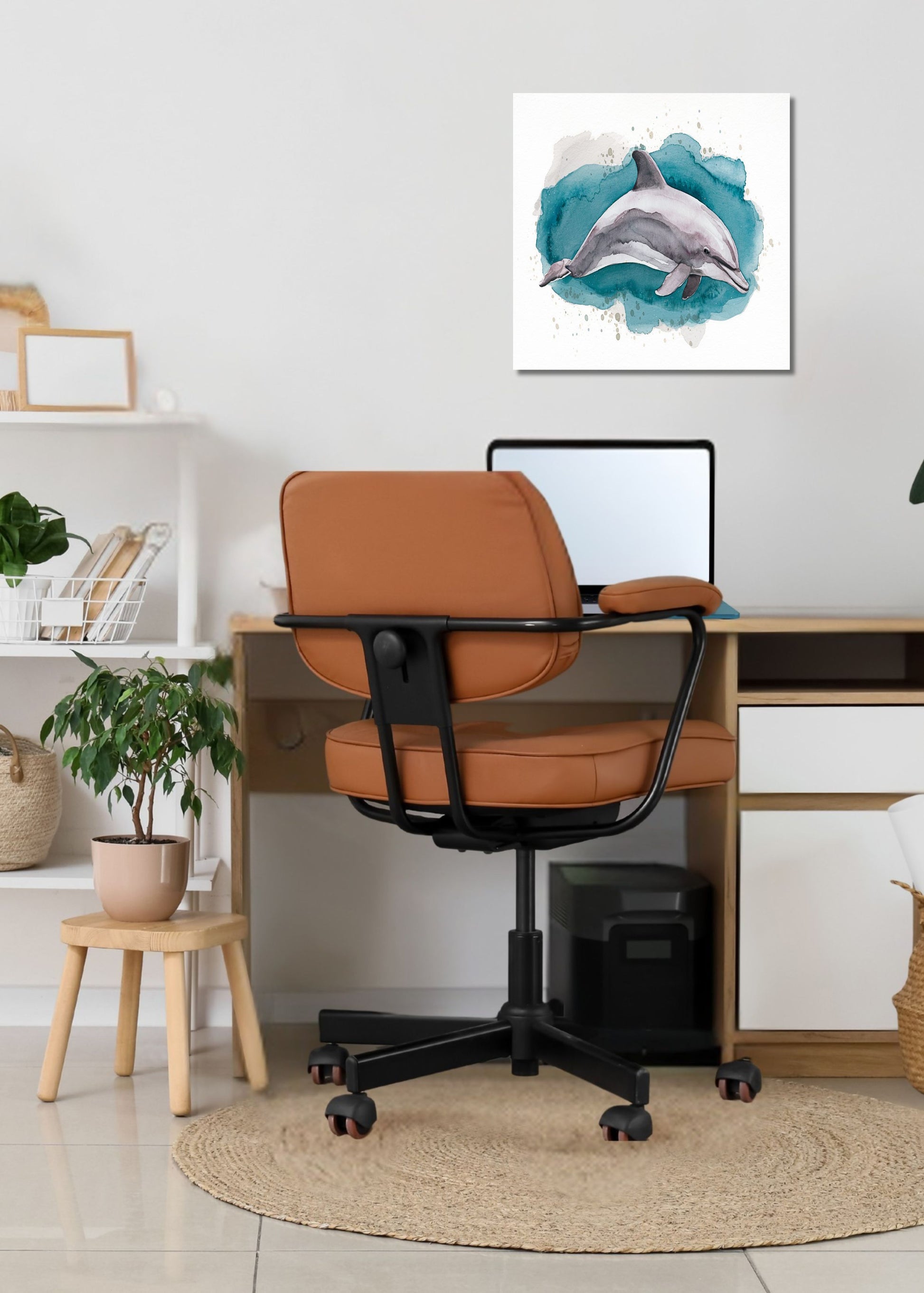 A styled home office scene featuring a brown leather office chair in front of a wooden desk with a laptop. On the wall above the desk is a square canvas print depicting a gray dolphin swimming in a teal watercolor splash.