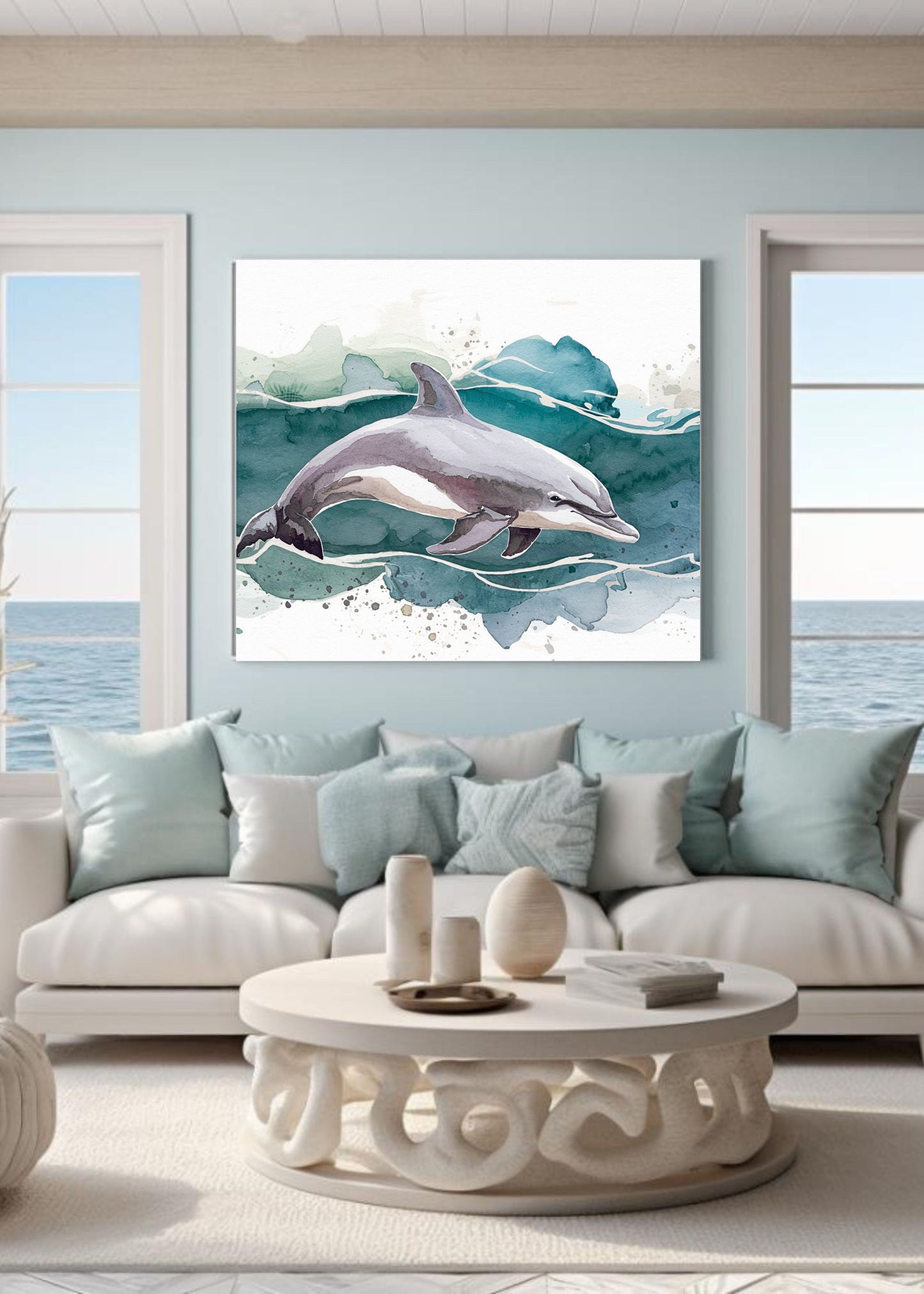 An unframed wall art print of a dolphin swimming in blue-green water waves, displayed above a white sofa in a bright, modern living room with ocean views.