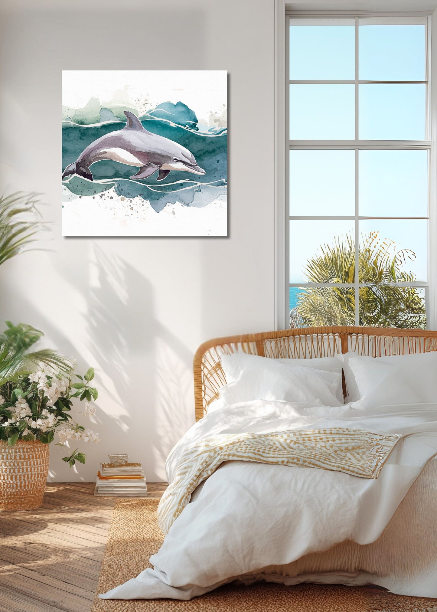 An unframed wall art print showing two dolphins swimming in blue-green water, displayed above a bed in a bright, modern bedroom with white bedding, a wicker headboard, and a large window.