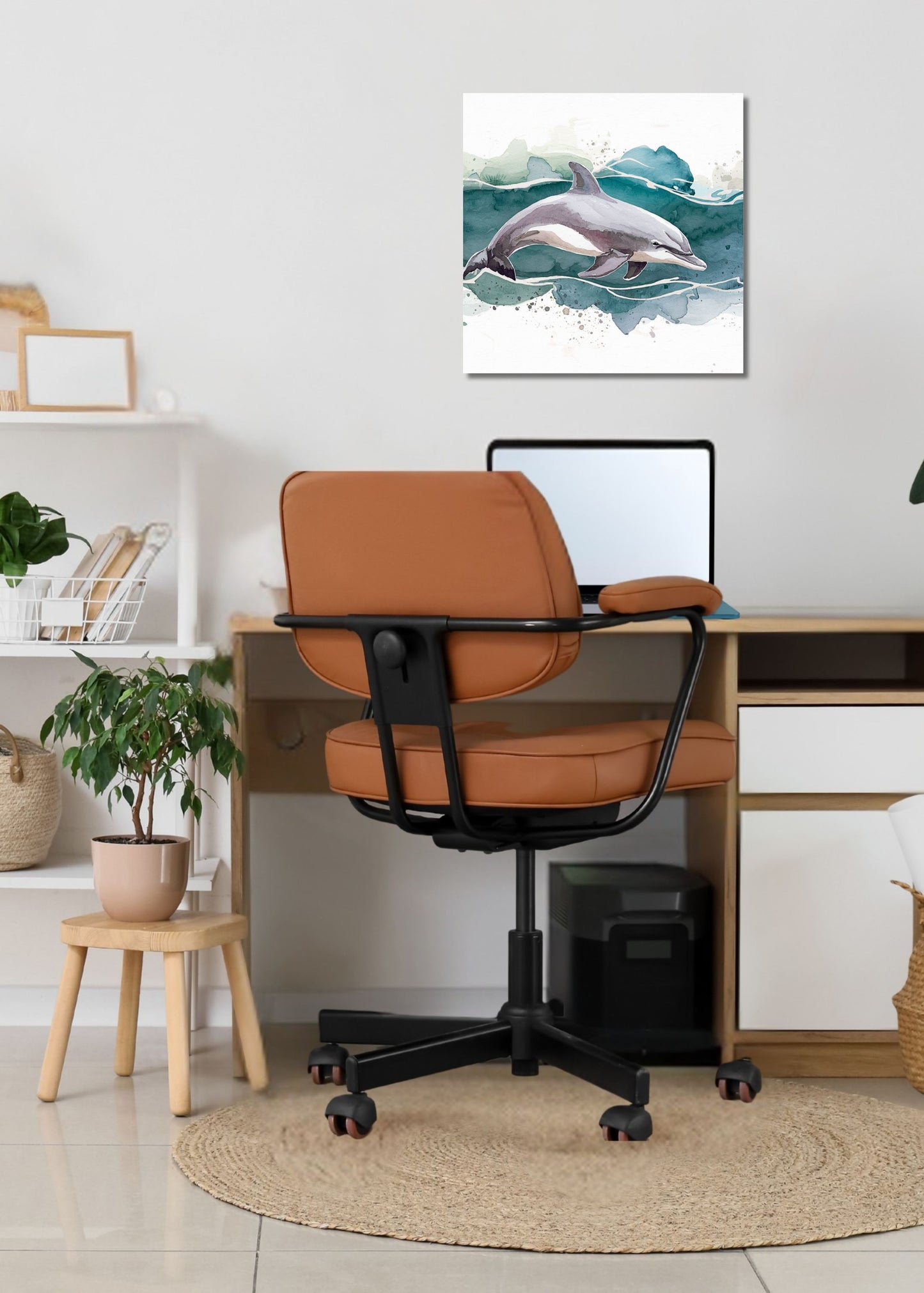 A modern home office setup featuring a brown leather office chair in front of a wooden desk with a laptop. Above the desk, a square watercolor art print of two dolphins in blue-green water is displayed on a white wall.