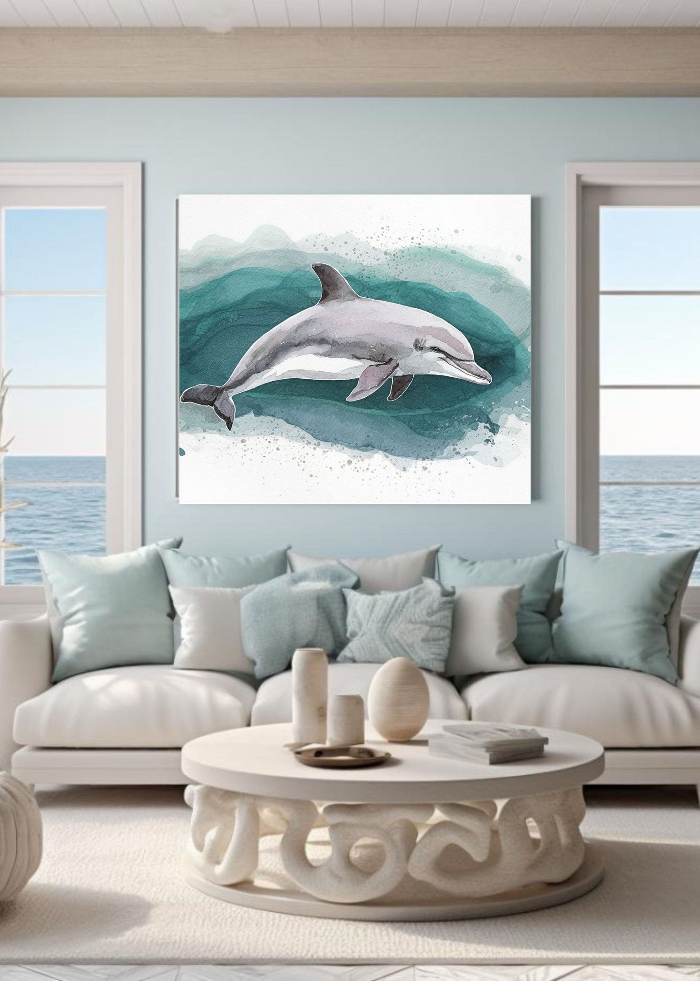 An unframed wall art print of a gray dolphin swimming over a teal and white water wave, displayed in a bright, modern living room above a white sofa with light blue pillows.