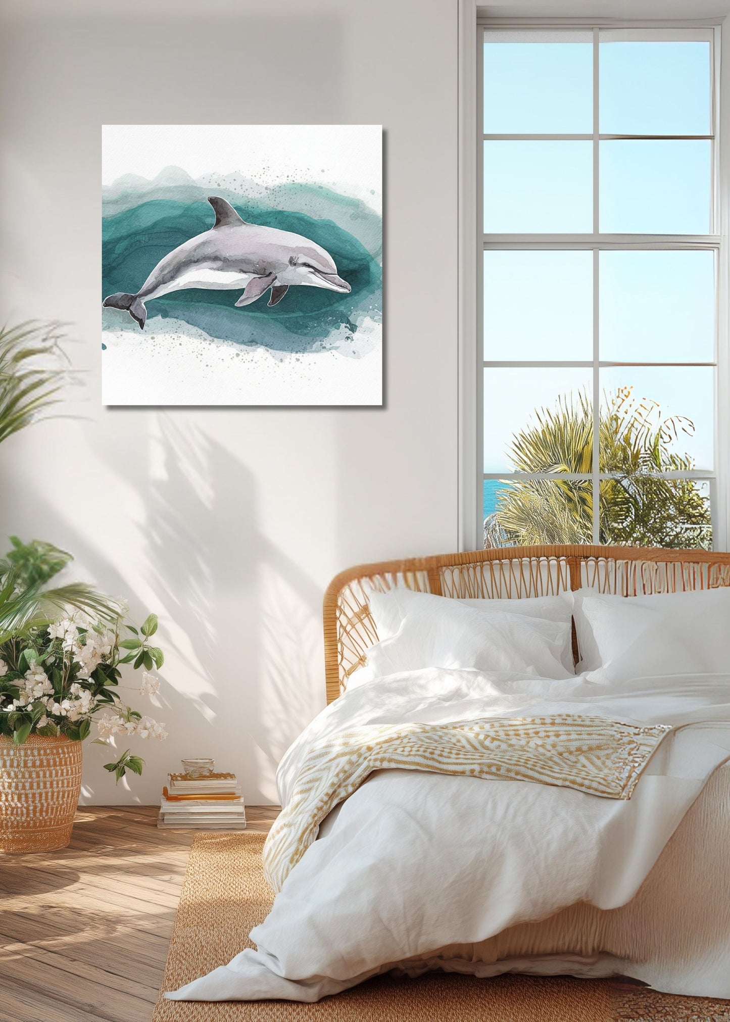 A square canvas wall art print featuring a painted dolphin in teal and white ocean waves, displayed on a bedroom wall above a bed with white linens and a wicker headboard.