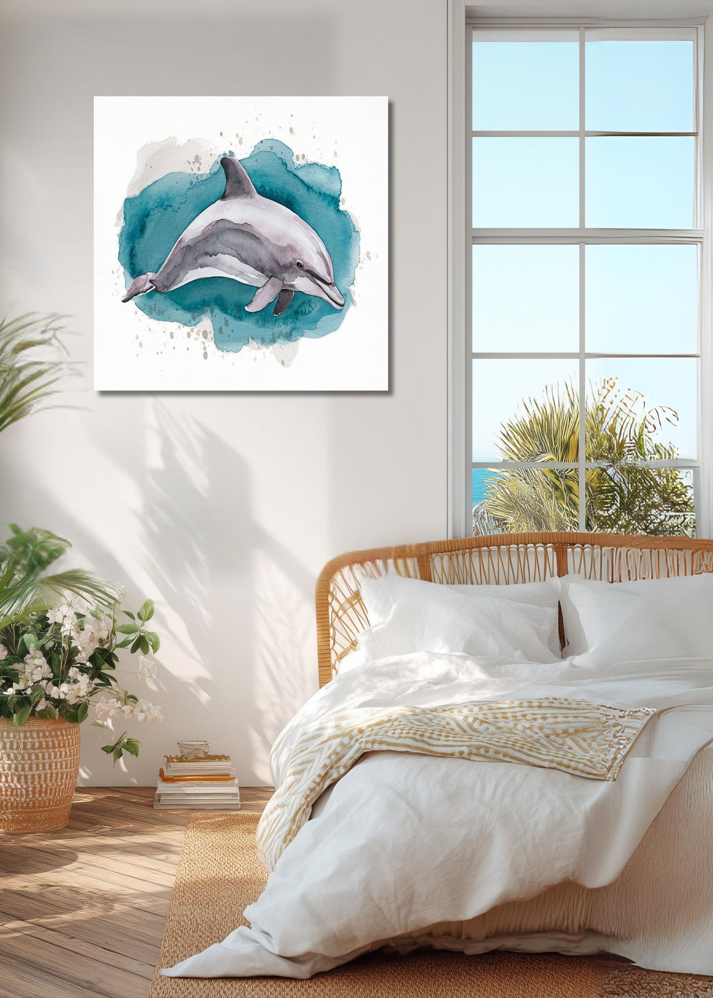 An unframed wall art print featuring a watercolor dolphin in teal and gray, displayed above a neatly made bed in a bright, modern bedroom.