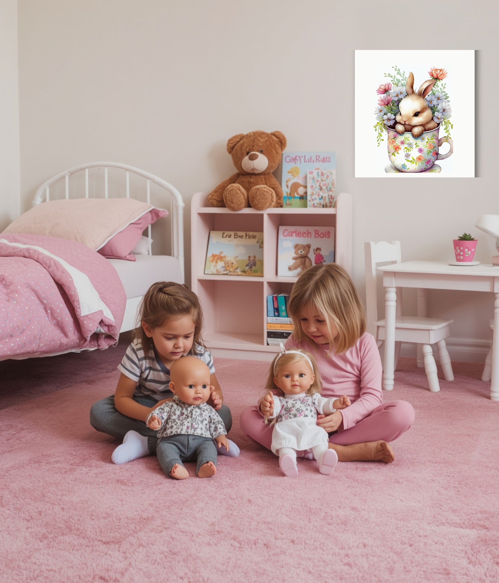 A framed art print featuring a cute bunny bouquet in a floral teacup is displayed on a light pink wall in a children's bedroom. Two young girls are sitting on a pink carpet, playing with baby dolls, with a pink bed, toy shelf, and white table in the background.
