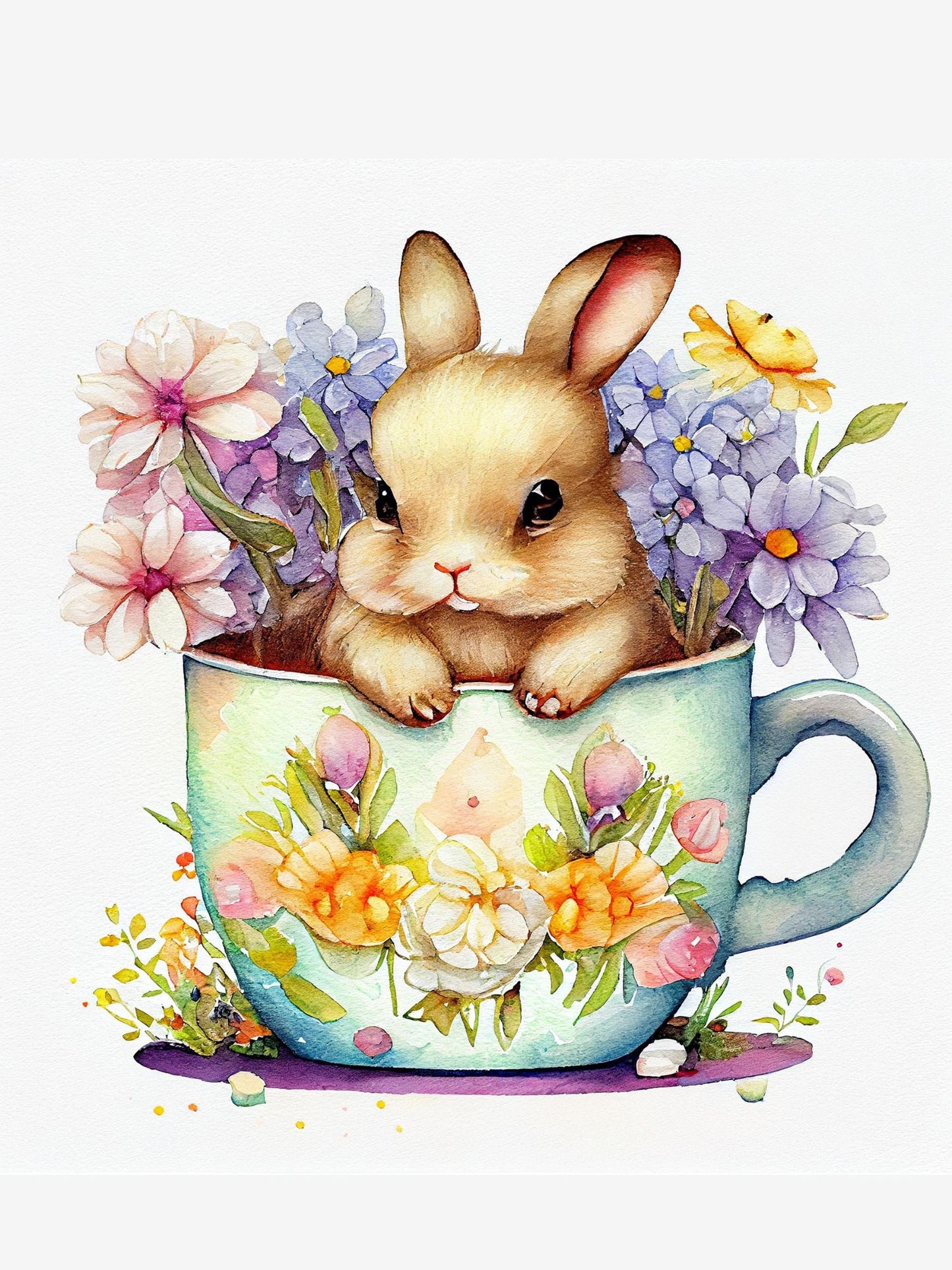 A watercolor-style illustration of a small beige bunny sitting inside a pastel blue floral teacup surrounded by pink, purple, yellow, and white flowers on a white background.