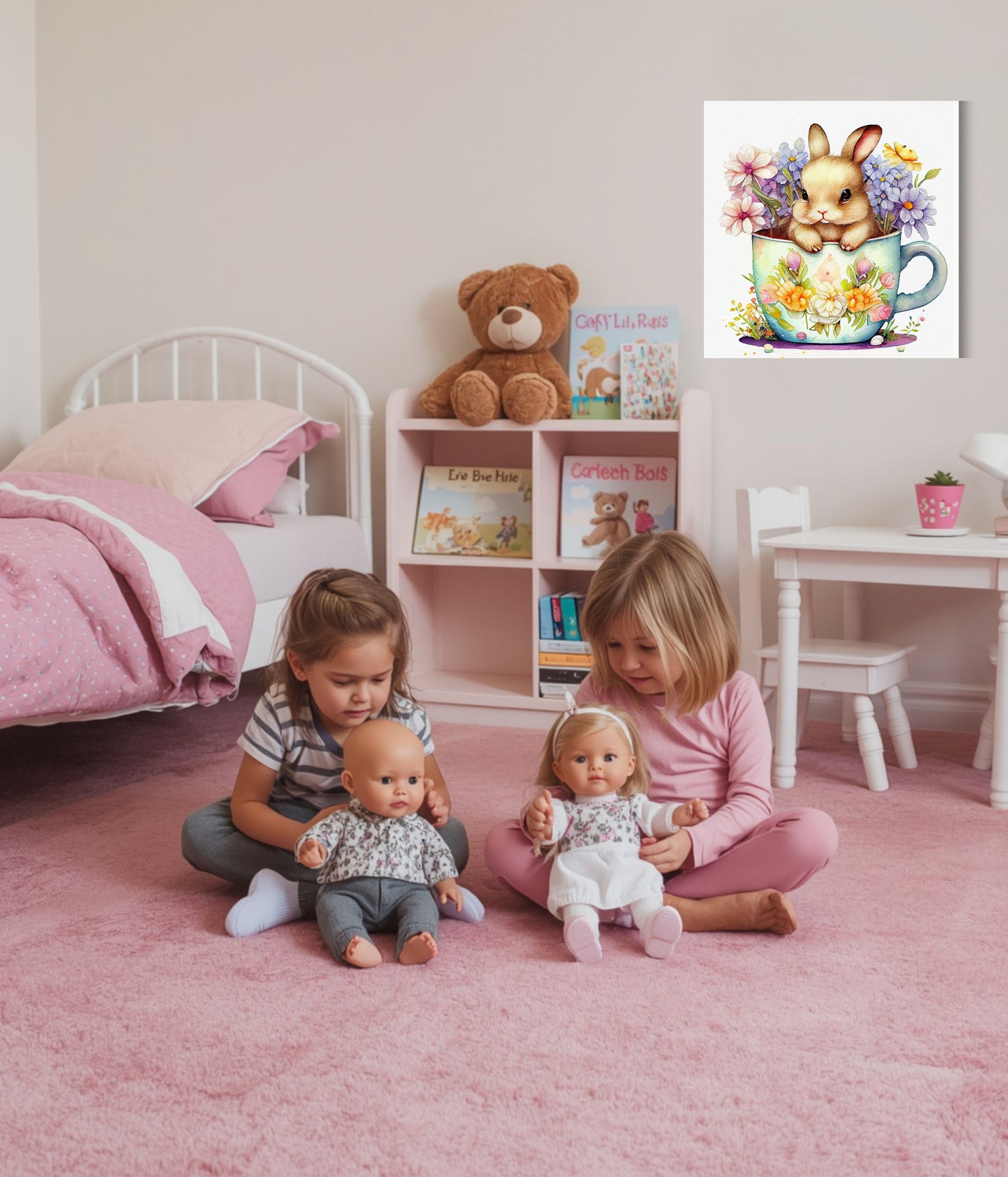 A children's bedroom scene with two girls sitting on a pink carpet and holding dolls, with a teddy bear and bookshelf in the background. A square inset in the top right shows a watercolor-style bunny in a floral teacup illustration.